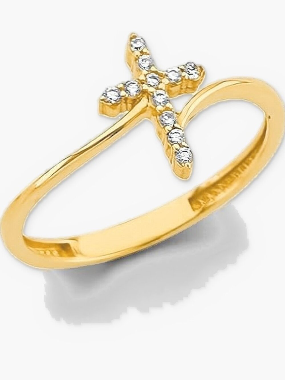 14K Solid Gold CZ Cross Ring Bypass Cross Ring Dainty Christian Ring